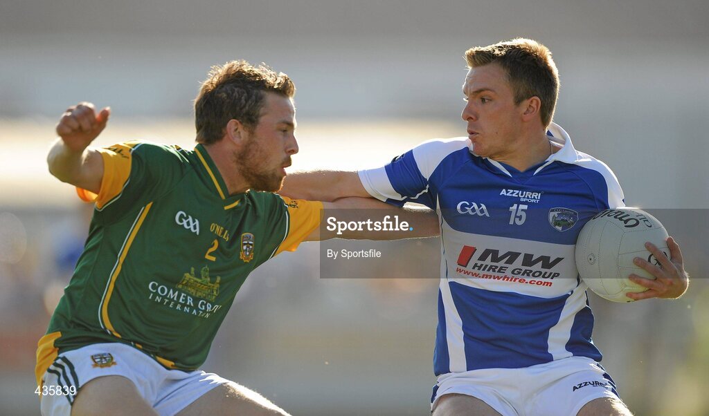 19 June 2010; Ross Munnelly, Laois, in action against Chris O'Connor, Meath. Leinster GAA Football Senior Championship Quarter-Final Replay, Meath v Laois, O'Connor Park, Tullamore, Co. Offaly. Photo by Sportsfile