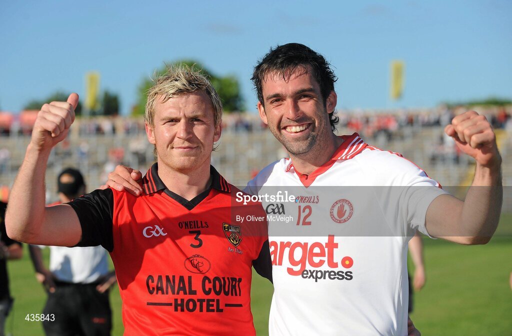 19 June 2010; Owen Mulligan and Joe McMahon, Tyrone, celebrate after the game. Ulster GAA Football Senior Championship Semi-Final, Tyrone v Down, Casement Park, Belfast, Co. Antrim. Picture credit: Oliver McVeigh / SPORTSFILE