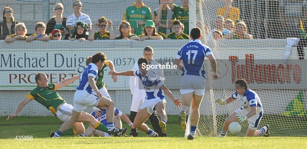 19 June 2010; Joe Sheridan, Meath, left, shoots to score his side's second goal. Leinster GAA Football Senior Championship Quarter-Final Replay, Meath v Laois, O'Connor Park, Tullamore, Co. Offaly. Photo by Sportsfile