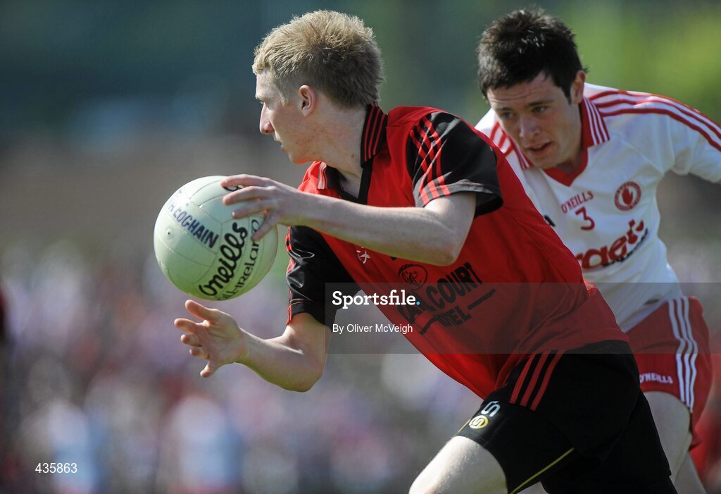 19 June 2010; Danny Savage, Down, in action against Conor Clarke, Tyrone. Tyrone v Down - Ulster GAA Football Minor Championship Quarter-Final, Tyrone v Down, Casement Park, Belfast, Co. Antrim. Picture credit: Oliver McVeigh / SPORTSFILE