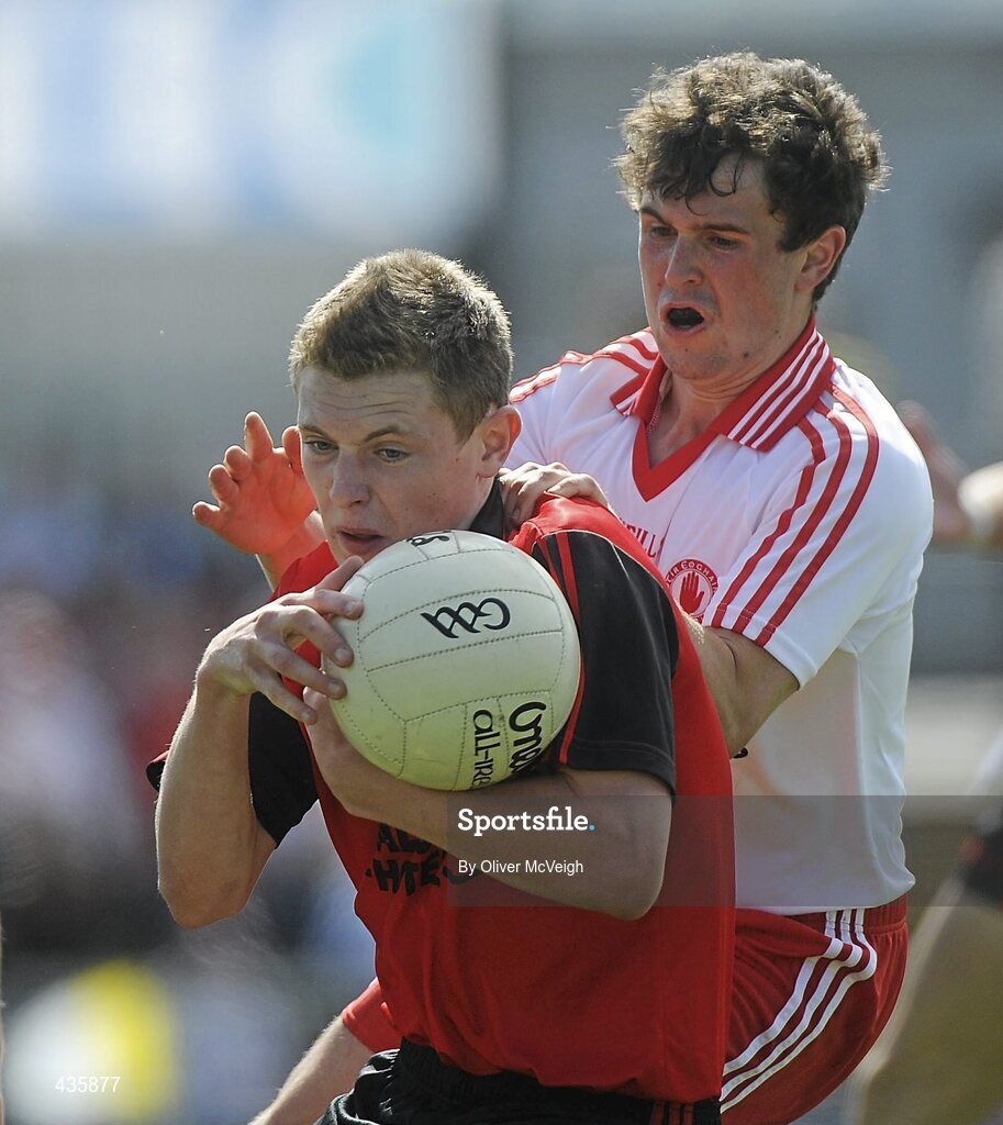 19 June 2010; Gerard McGovern, Down, in action against Eunan Deeney, Tyrone. Tyrone v Down - Ulster GAA Football Minor Championship Quarter-Final, Tyrone v Down, Casement Park, Belfast, Co. Antrim. Picture credit: Oliver McVeigh / SPORTSFILE