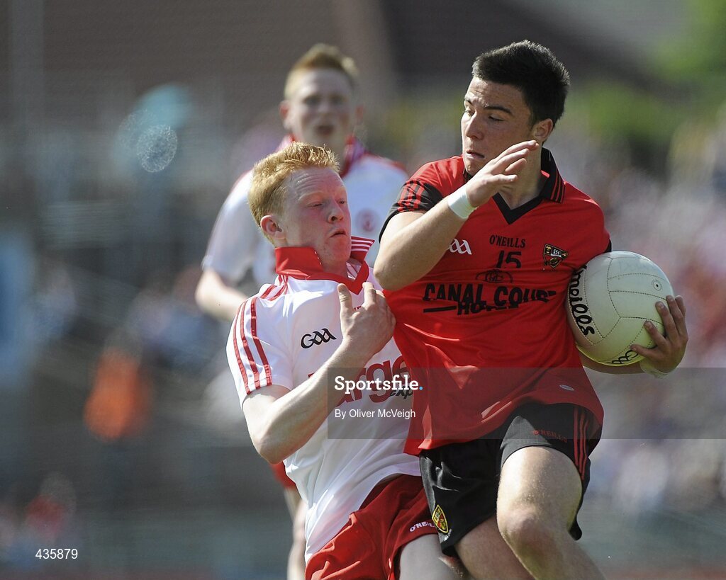 19 June 2010; Ryan O'Hare, Down, in action against Hugh Pat McGeary, Tyrone. Tyrone v Down - Ulster GAA Football Minor Championship Quarter-Final, Tyrone v Down, Casement Park, Belfast, Co. Antrim. Picture credit: Oliver McVeigh / SPORTSFILE