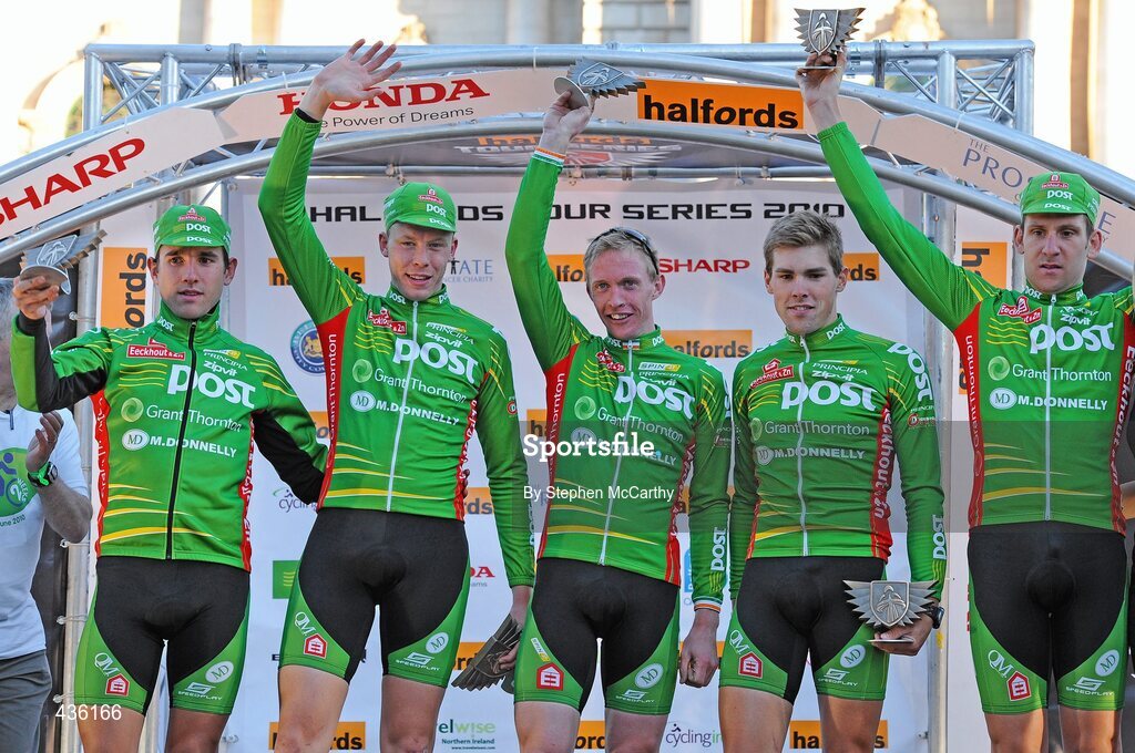18 June 2010; Winners of the team prize, the An Post Sean Kelly team, salute the crowd from the podium following The Halfords Tour Series city centre criterium in Belfast. Halfords Tour Series, Belfast, Antrim. Picture credit: Stephen McCarthy / SPORTSFILE