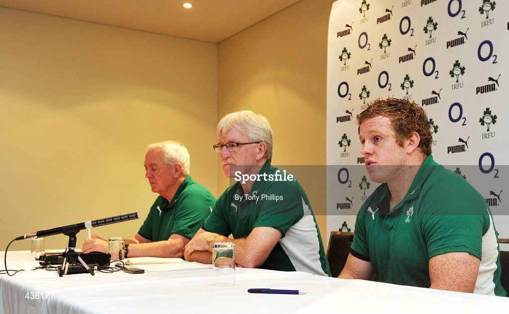 21 June 2010; Ireland's Sean Cronin, right, speaking during a press conference with Team Manager Paul McNaughton, centre, and Backs Coach Alan Gaffney ahead of their game against Australia on Saturday 26 June. Ireland Rugby Squad Press Conference, Hilton Hotel, Brisbane, Australia. Picture credit: Tony Phillips / SPORTSFILE
