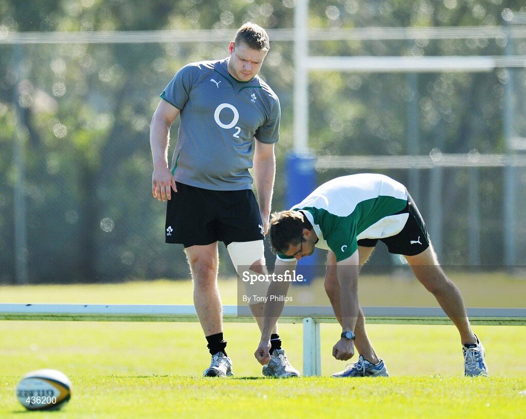21 June 2010; Ireland's Tom Court with team physio Cameron Steele during squad training ahead of their game against Australia on Saturday 26 June. Ireland Rugby Squad Training, Anglican Grammar School, Brisbane, Australia. Picture credit: Tony Phillips / SPORTSFILE