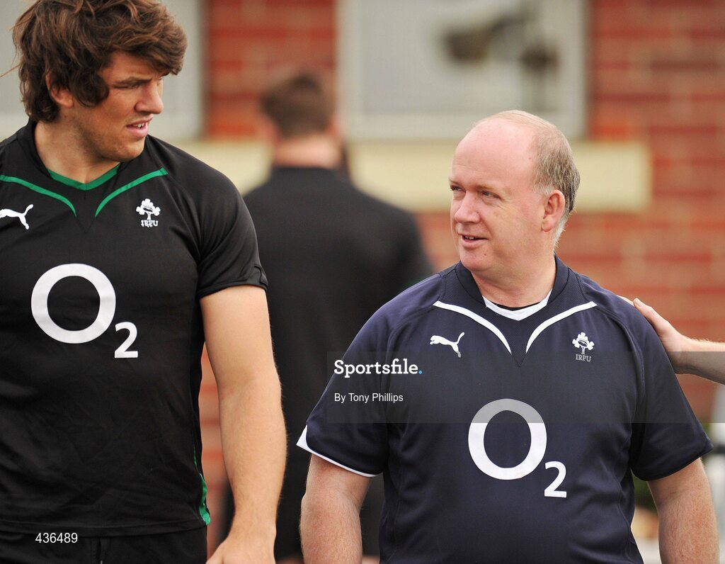 22 June 2010; Ireland's Donncha O'Callaghan and head coach Declan Kidney during squad training ahead of their game against Australia on Saturday 26 June. Ireland Rugby Squad Training, Anglican Grammar School, Brisbane, Australia. Picture credit: Tony Phillips / SPORTSFILE