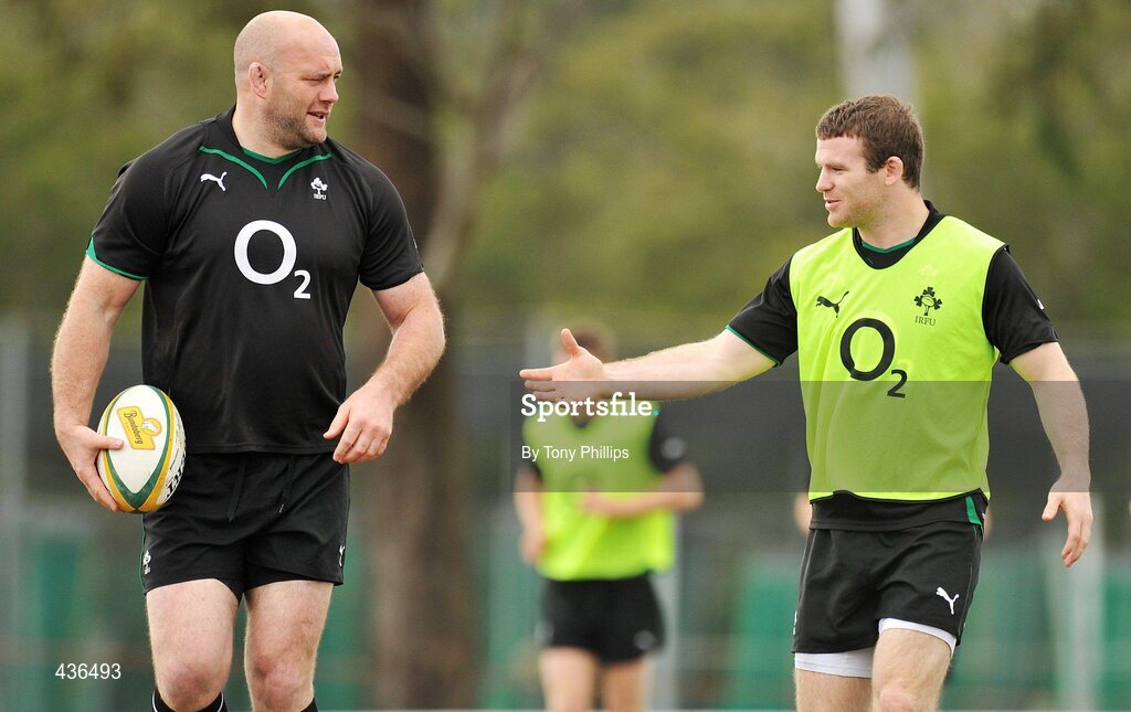 22 June 2010; Ireland's John Hayes and Gordon D'Arcy during squad training ahead of their game against Australia on Saturday 26 June. Ireland Rugby Squad Training, Anglican Grammar School, Brisbane, Australia. Picture credit: Tony Phillips / SPORTSFILE
