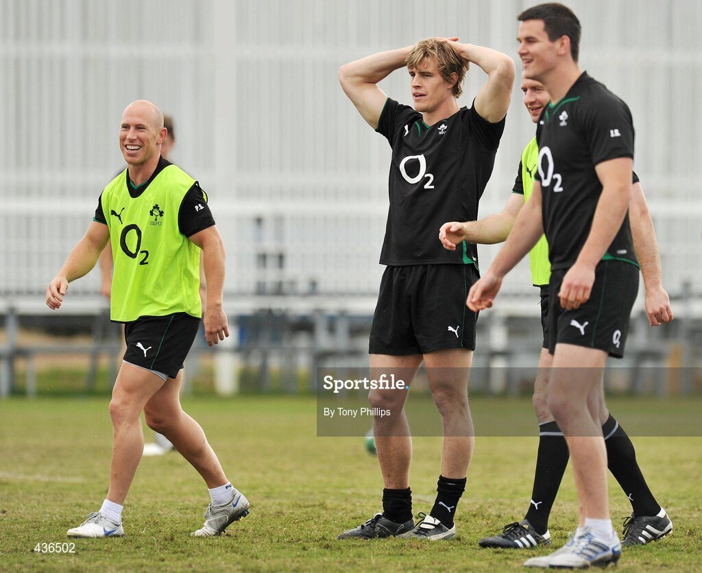 22 June 2010; Ireland's Peter Stringer, Andrew Trimble, Geordan Murphy and Jonathan Sexton during squad training ahead of their game against Australia on Saturday 26 June. Ireland Rugby Squad Training, Anglican Grammar School, Brisbane, Australia. Picture credit: Tony Phillips / SPORTSFILE