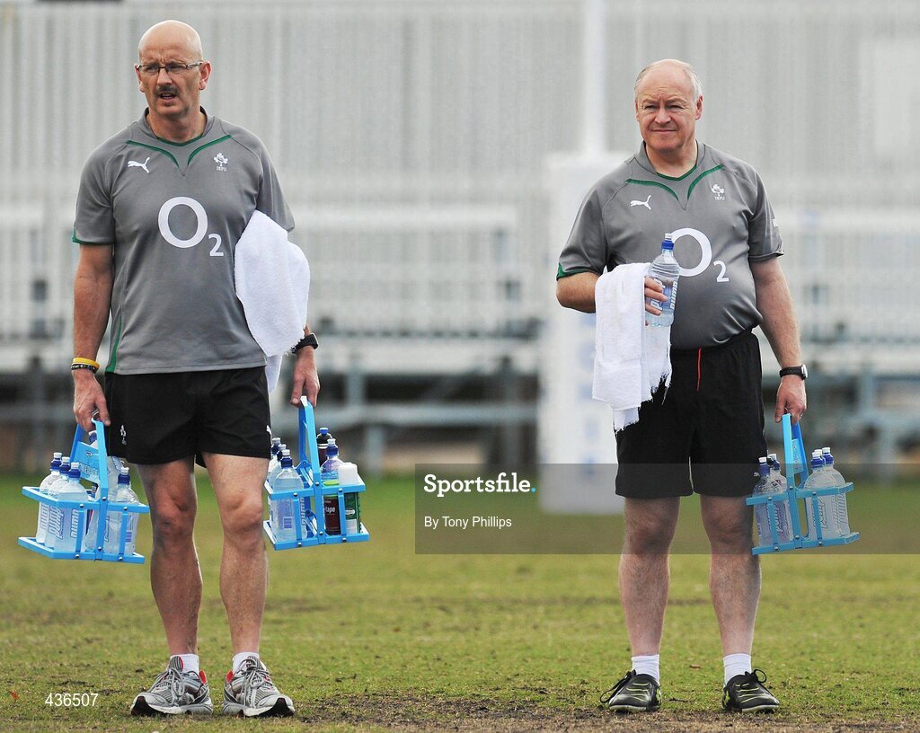 22 June 2010; Ireland team masseurs David Revins and Willie Bennett, right, during squad training ahead of their game against Australia on Saturday 26 June. Ireland Rugby Squad Training, Anglican Grammar School, Brisbane, Australia. Picture credit: Tony Phillips / SPORTSFILE