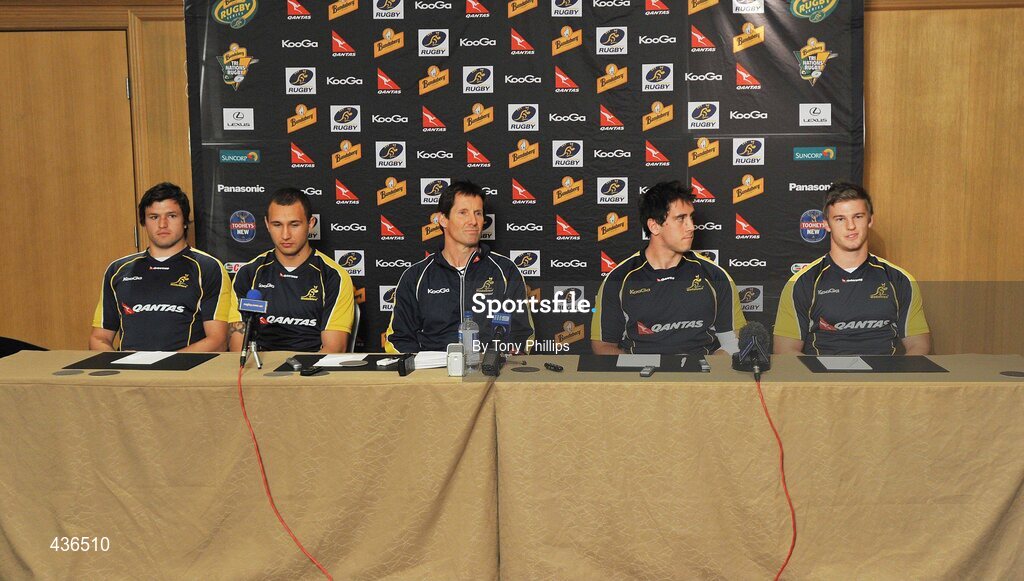 22 June 2010; Australia's Adam Ashley-Cooper, Quade Cooper, coach Robbie Deans, Ben Daley and Rob Horne during a press conference ahead of their game against Ireland on Saturday 26 June. Australia Rugby Squad Press Conference, Hilton Hotel, Brisbane, Australia. Picture credit: Tony Phillips / SPORTSFILE
