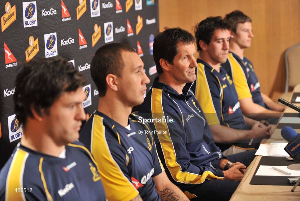 22 June 2010; Australia's Adam Ashley-Cooper, Quade Cooper, coach Robbie Deans, Ben Daley and Rob Horne speaking during a press conference ahead of their game against Ireland on Saturday 26 June. Australia Rugby Squad Press Conference, Hilton Hotel, Brisbane, Australia. Picture credit: Tony Phillips / SPORTSFILE