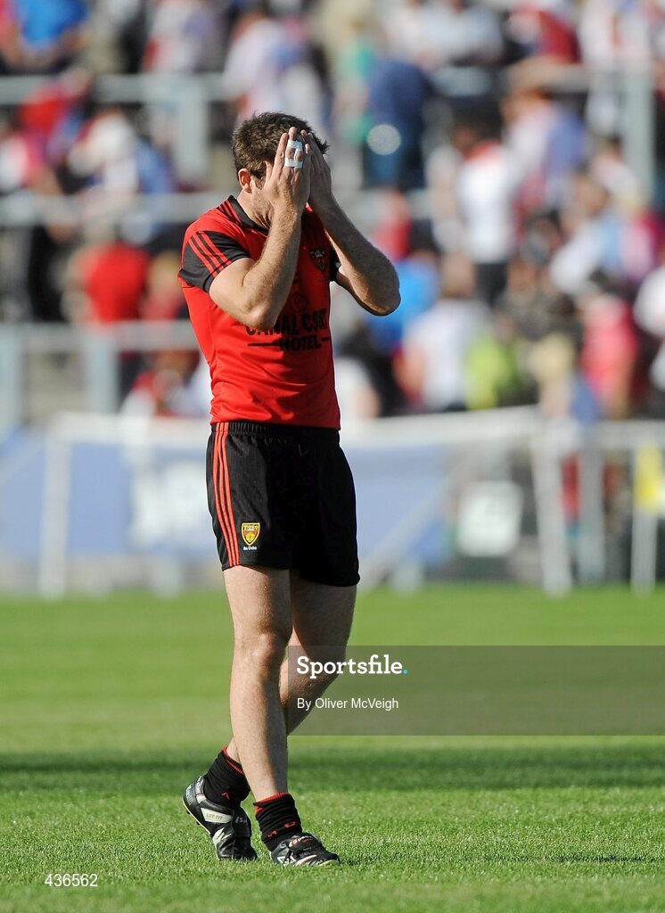 19 June 2010; A dejected Daniel Hughes, Down at the final whistle. Ulster GAA Football Senior Championship Semi-Final, Casement Park, Belfast, Co. Antrim. Picture credit: Oliver McVeigh / SPORTSFILE