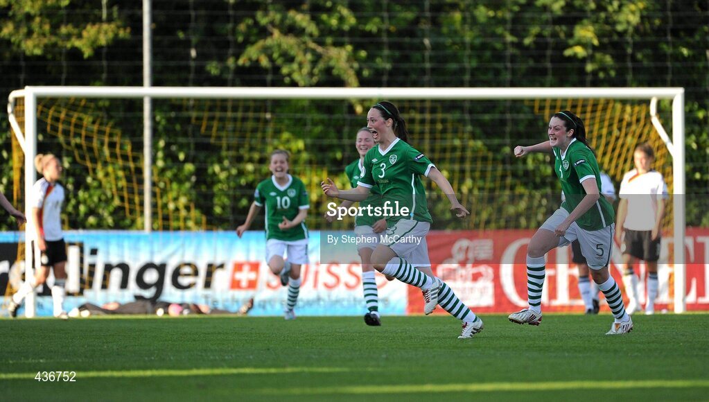 22 June 2010; Megan Campbell, Republic of Ireland, 3, celebrates after scoring her side's first goal from a free-kick. UEFA Women's Under 17 Championship Finals - Semi-Final, Republic of Ireland v Germany, Colovray Sports Centre, Nyon, Switzerland. Picture credit: Stephen McCarthy / SPORTSFILE