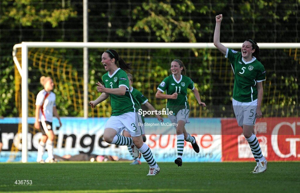 22 June 2010; Megan Campbell, Republic of Ireland, 3, celebrates after scoring her side's first goal from a free-kick. UEFA Women's Under 17 Championship Finals - Semi-Final, Republic of Ireland v Germany, Colovray Sports Centre, Nyon, Switzerland. Picture credit: Stephen McCarthy / SPORTSFILE