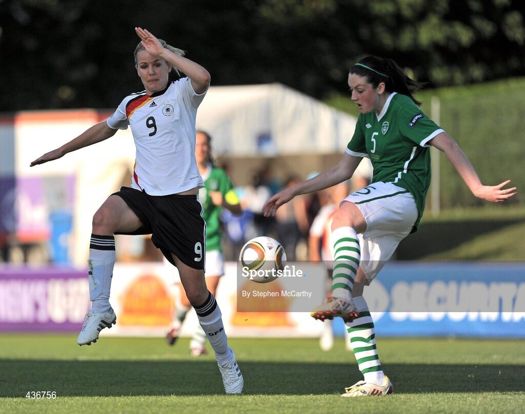 22 June 2010; Jennifer Byrne, Republic of Ireland, in action against Lena Petermann, Germany. UEFA Women's Under 17 Championship Finals - Semi-Final, Republic of Ireland v Germany, Colovray Sports Centre, Nyon, Switzerland. Picture credit: Stephen McCarthy / SPORTSFILE