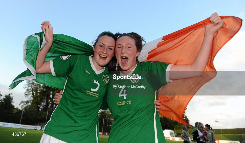 22 June 2010; Republic of Ireland players Jennifer Byrne and Jessica Gleeson celebrate their side's victory. UEFA Women's Under 17 Championship Finals - Semi-Final, Republic of Ireland v Germany, Colovray Sports Centre, Nyon, Switzerland. Picture credit: Stephen McCarthy / SPORTSFILE