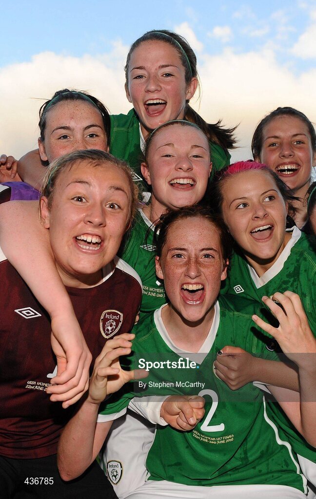 22 June 2010; Republic of Ireland players celebrate her side's victory. UEFA Women's Under 17 Championship Finals - Semi-Final, Republic of Ireland v Germany, Colovray Sports Centre, Nyon, Switzerland. Picture credit: Stephen McCarthy / SPORTSFILE