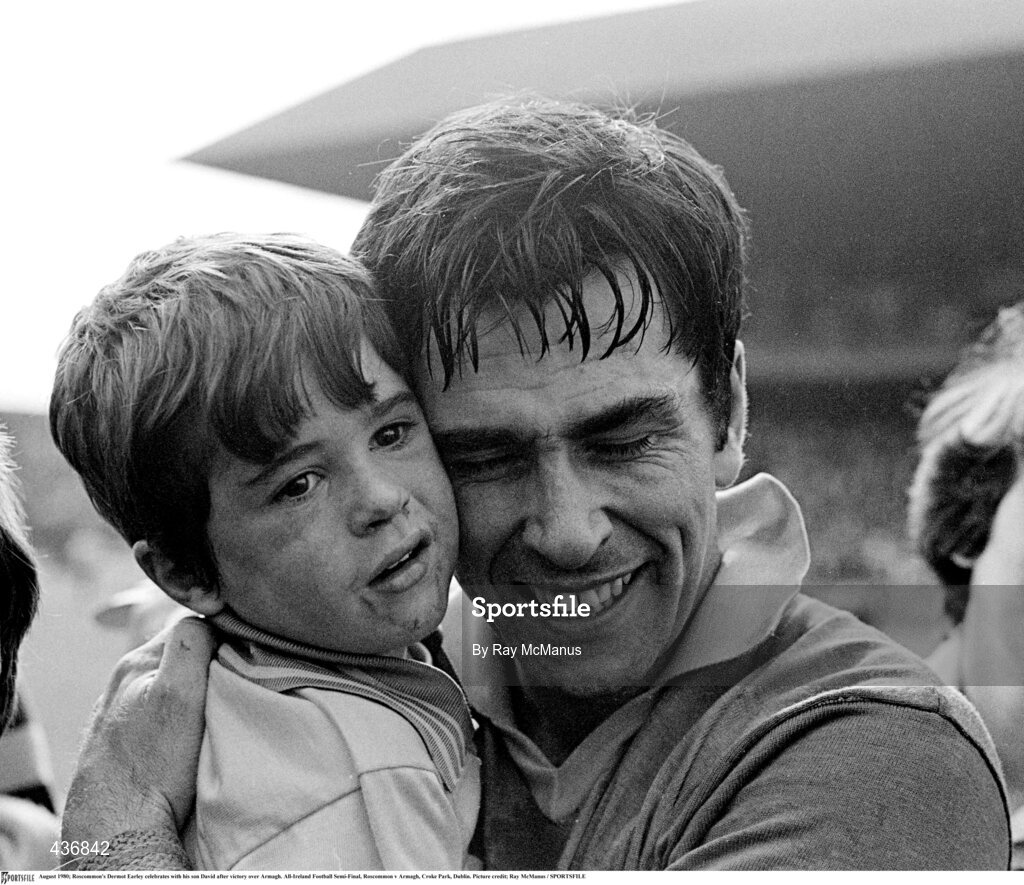 10 August 1980; Dermot Earley of Roscommon celebrates with his son David after victory over Armagh in the All-Ireland Football Semi-Final match between Roscommon and Armagh at Croke Park, Dublin. Photo by Ray McManus/Sportsfile