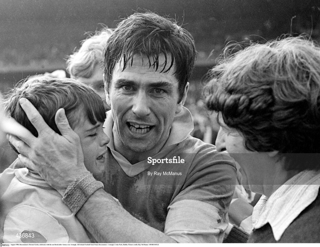 10 August 1980; Dermot Earley of Roscommon celebrates with his son David after victory over Armagh in the All-Ireland Football Semi-Final match between Roscommon and Armagh at Croke Park, Dublin. Photo by Ray McManus/Sportsfile
