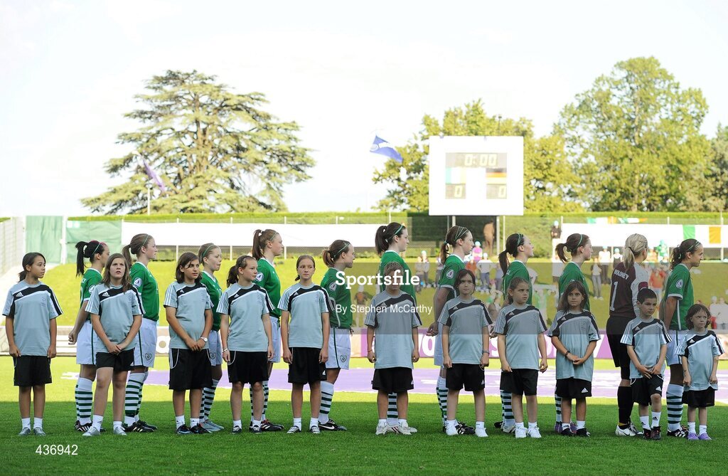 24 June 2010; The Republic of Ireland team during the national anthem. UEFA Women's Under 17 Championship Finals - Semi-Final, Republic of Ireland v Germany, Colovray Sports Centre, Nyon, Switzerland. Picture credit: Stephen McCarthy / SPORTSFILE