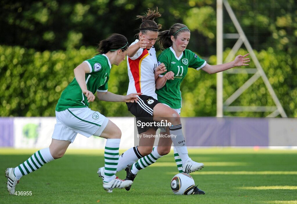 24 June 2010; Sarah Romert, Germany, in action against Siobhan Killeen, right, and Megan Campell, Republic of Ireland. UEFA Women's Under 17 Championship Finals - Semi-Final, Republic of Ireland v Germany, Colovray Sports Centre, Nyon, Switzerland. Picture credit: Stephen McCarthy / SPORTSFILE