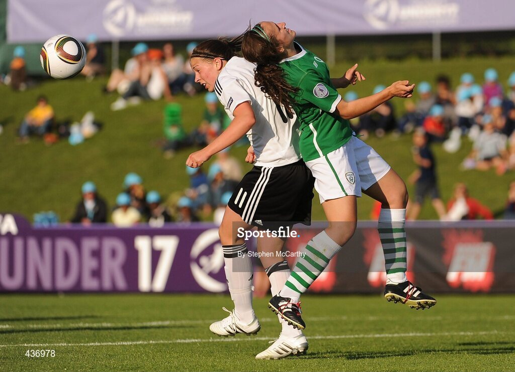 24 June 2010; Sarah Romert, Germany, in action against Dora Gorman, Republic of Ireland. UEFA Women's Under 17 Championship Finals - Semi-Final, Republic of Ireland v Germany, Colovray Sports Centre, Nyon, Switzerland. Picture credit: Stephen McCarthy / SPORTSFILE