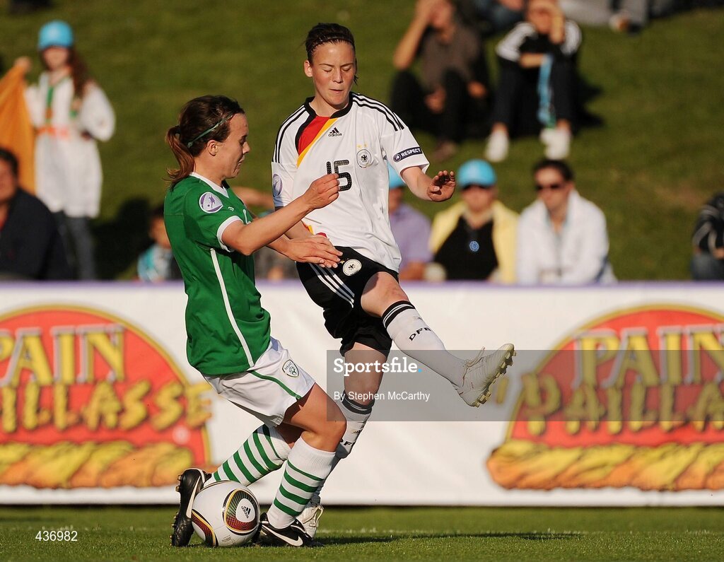 24 June 2010; Natalie Moik, Germany, in action against Ciara Grant, Republic of Ireland. UEFA Women's Under 17 Championship Finals - Semi-Final, Republic of Ireland v Germany, Colovray Sports Centre, Nyon, Switzerland. Picture credit: Stephen McCarthy / SPORTSFILE