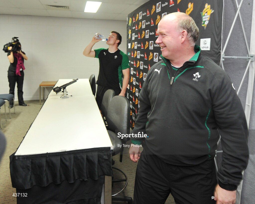 25 June 2010; Ireland head coach Declan Kidney and captain Brian O'Driscoll relax after a press conference ahead of their game against Australia on Saturday. Suncorp Stadium, Brisbane, Australia. Picture credit: Tony Phillips / SPORTSFILE