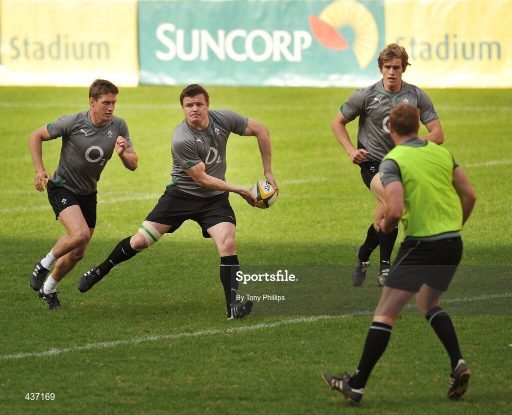 25 June 2010; Ireland's Brian O'Driscoll, centre, Ronan O'Gara, left, and Andrew Trimble in action during the Captain's Run ahead of their game against Australia on Saturday. Suncorp Stadium, Brisbane, Australia. Picture credit: Tony Phillips / SPORTSFILE
