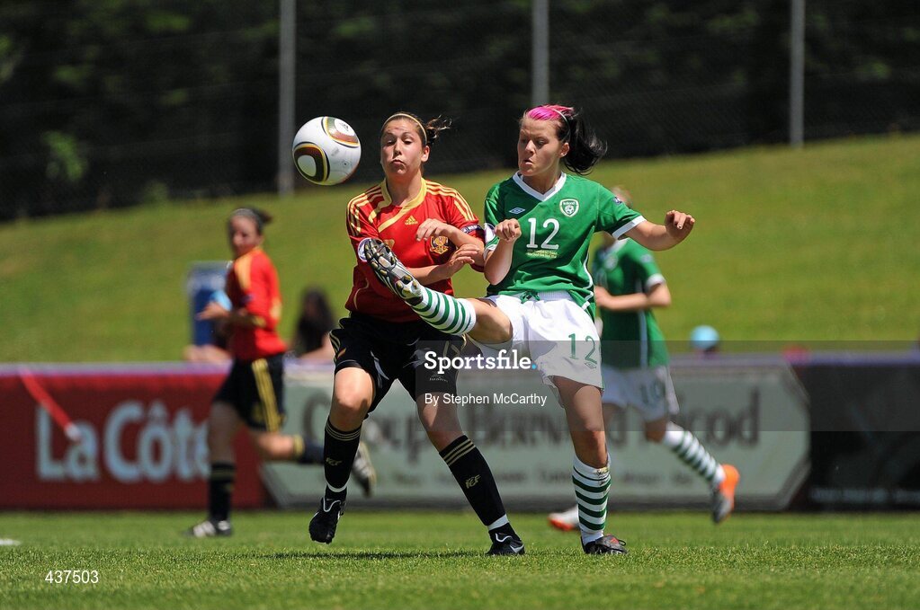 26 June 2010; Sara Mérida, Spain, in action against Stacie Donnelly, Republic of Ireland. UEFA Women's Under 17 Championship Final, Spain v Republic of Ireland, Colovray Sports Centre, Nyon, Switzerland. Picture credit: Stephen McCarthy / SPORTSFILE