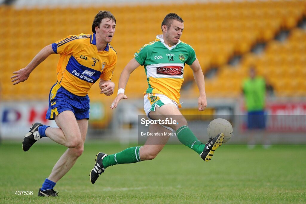 26 June 2010; Ken Casey, Offaly, in action against Barry Duggan, Clare. GAA Football All-Ireland Senior Championship Qualifier Round 1, Offaly v Clare, O'Connor Park, Tullamore, Co. Offaly. Picture credit: Brendan Moran / SPORTSFILE