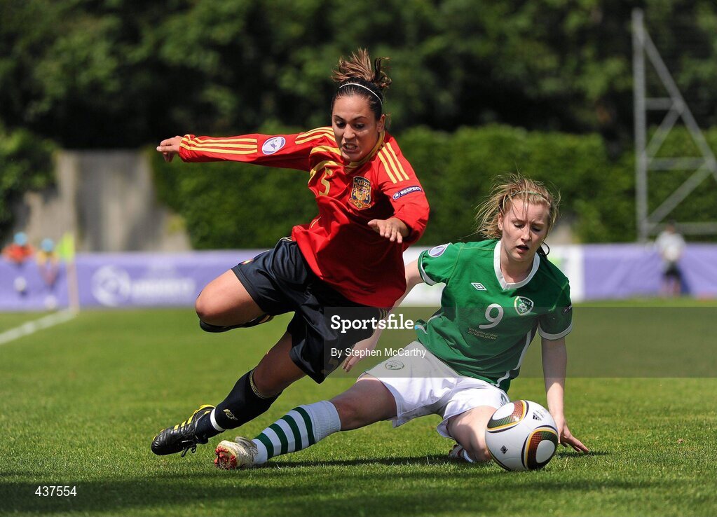 26 June 2010; Laura Gutiérrez, Spain, in action against Niamh McLaughlin, Republic of Ireland. UEFA Women's Under 17 Championship Final, Spain v Republic of Ireland, Colovray Sports Centre, Nyon, Switzerland. Picture credit: Stephen McCarthy / SPORTSFILE