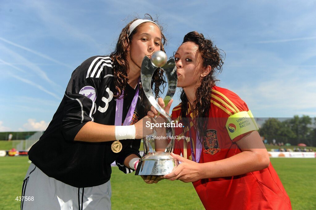 26 June 2010; Spain players Dolores Gallardo, left, and Amanda Sampedro celebrate victory. UEFA Women's Under 17 Championship Final, Spain v Republic of Ireland, Colovray Sports Centre, Nyon, Switzerland. Picture credit: Stephen McCarthy / SPORTSFILE