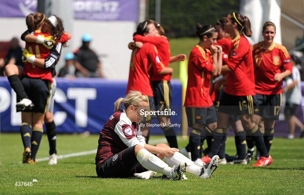 26 June 2010; Republic of Ireland goalkeeper Grace Moloney dejected as Spain players celebrate their victory. UEFA Women's Under 17 Championship Final, Spain v Republic of Ireland, Colovray Sports Centre, Nyon, Switzerland. Picture credit: Stephen McCarthy / SPORTSFILE