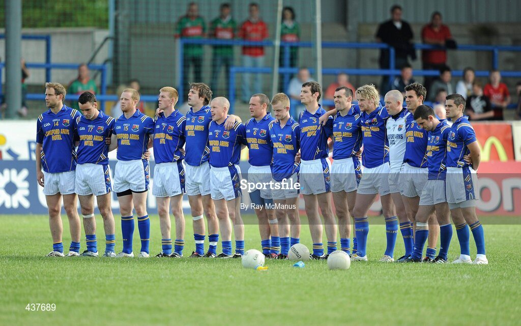 26 June 2010; The Longford team stand for the National Anthem after a minute's silence to honour the career of the late Roscommon player Dermot Earley. GAA Football All-Ireland Senior Championship Qualifier Round 1, Longford v Mayo, Pearse Park, Longford. Picture credit: Ray McManus / SPORTSFILE