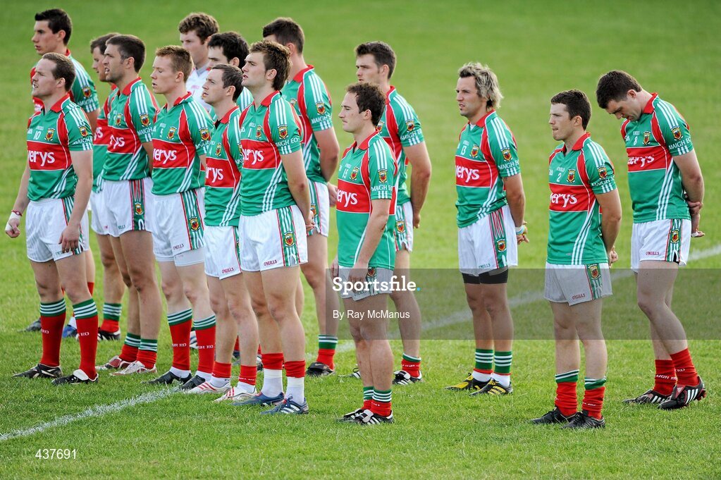 26 June 2010; The Mayo team stand for the National Anthem after a minute's silence to honour the career of the late Roscommon player Dermot Earley. GAA Football All-Ireland Senior Championship Qualifier Round 1, Longford v Mayo, Pearse Park, Longford. Picture credit: Ray McManus / SPORTSFILE