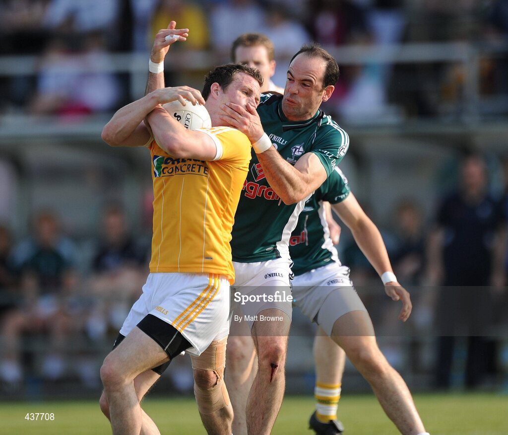 26 June 2010; Dermot Earley, Kildare, tackles Michael McCann, Antrim. GAA Football All-Ireland Senior Championship Qualifier Round 1, Kildare v Antrim, St Conleth's Park, Newbridge, Co. Kildare. Picture credit: Matt Browne / SPORTSFILE