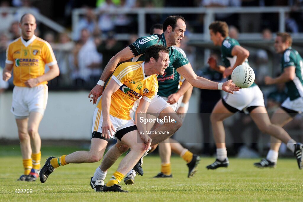 26 June 2010; Dermot Earley, Kildare, in action against Michael McCann, Antrim. GAA Football All-Ireland Senior Championship Qualifier Round 1, Kildare v Antrim, St Conleth's Park, Newbridge, Co. Kildare. Picture credit: Matt Browne / SPORTSFILE