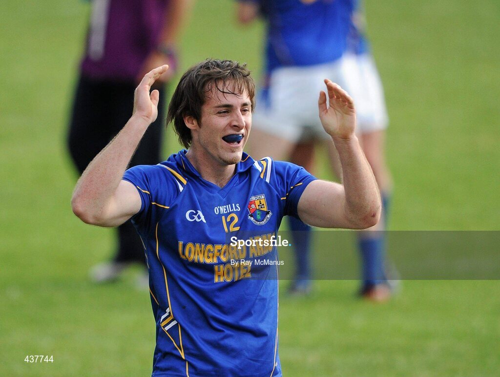 26 June 2010; Kevin Mulligan celebrates victory for Longford. GAA Football All-Ireland Senior Championship Qualifier Round 1, Longford v Mayo, Pearse Park, Longford. Picture credit: Ray McManus / SPORTSFILE