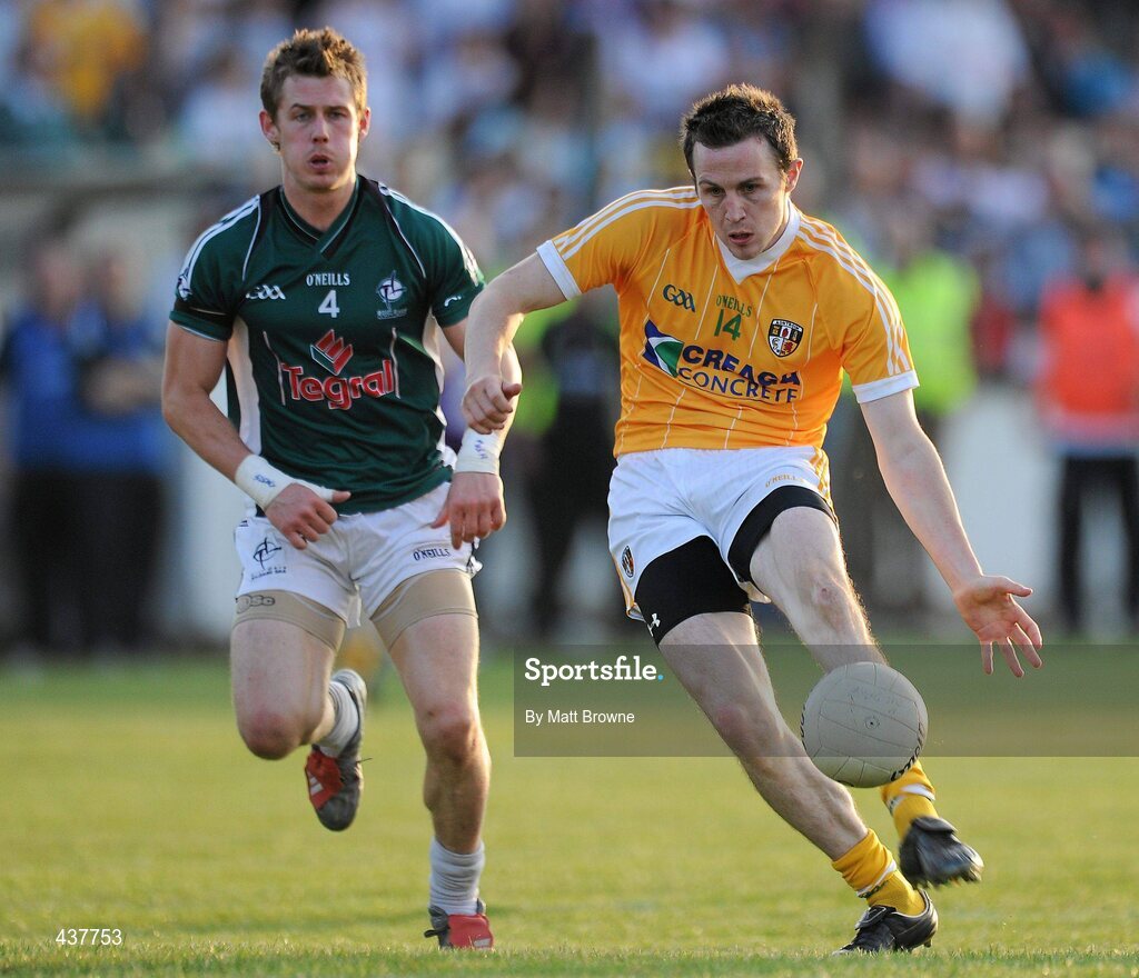 26 June 2010; Michael McCann, Antrim, in action against Emmet Bolton, Kildare. GAA Football All-Ireland Senior Championship Qualifier Round 1, Kildare v Antrim, St Conleth's Park, Newbridge, Co. Kildare. Picture credit: Matt Browne / SPORTSFILE