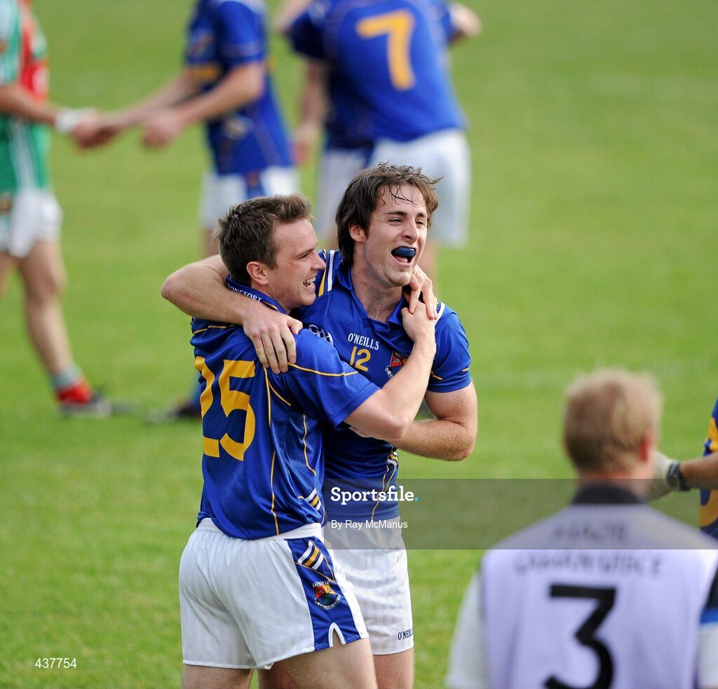 26 June 2010; Longford players Shane Cox, left, and Kevin Mulligan celebrate victory. GAA Football All-Ireland Senior Championship Qualifier Round 1, Longford v Mayo, Pearse Park, Longford. Picture credit: Ray McManus / SPORTSFILE