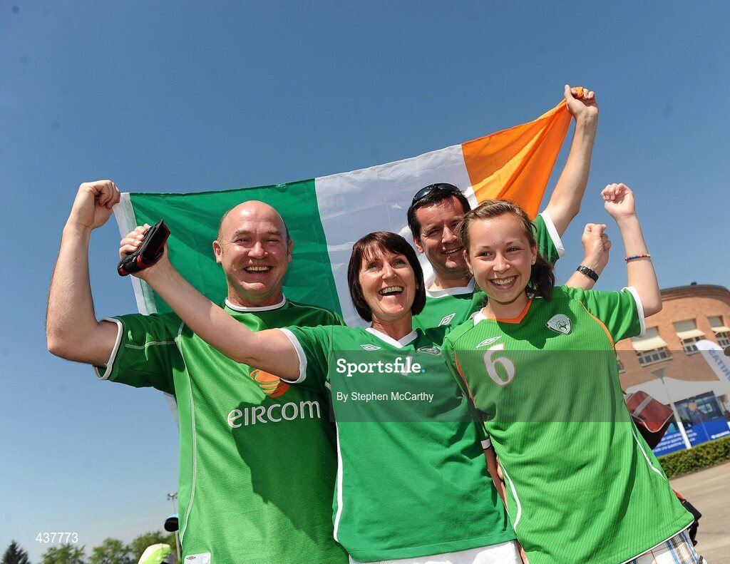 26 June 2010; Republic of Ireland supporters, from left, Sean Grant, Caroline Morris, David and Blathnaid McLaughlin, from Donegal, ahead of the game. UEFA Women's Under 17 Championship Final, Spain v Republic of Ireland, Colovray Sports Centre, Nyon, Switzerland. Picture credit: Stephen McCarthy / SPORTSFILE