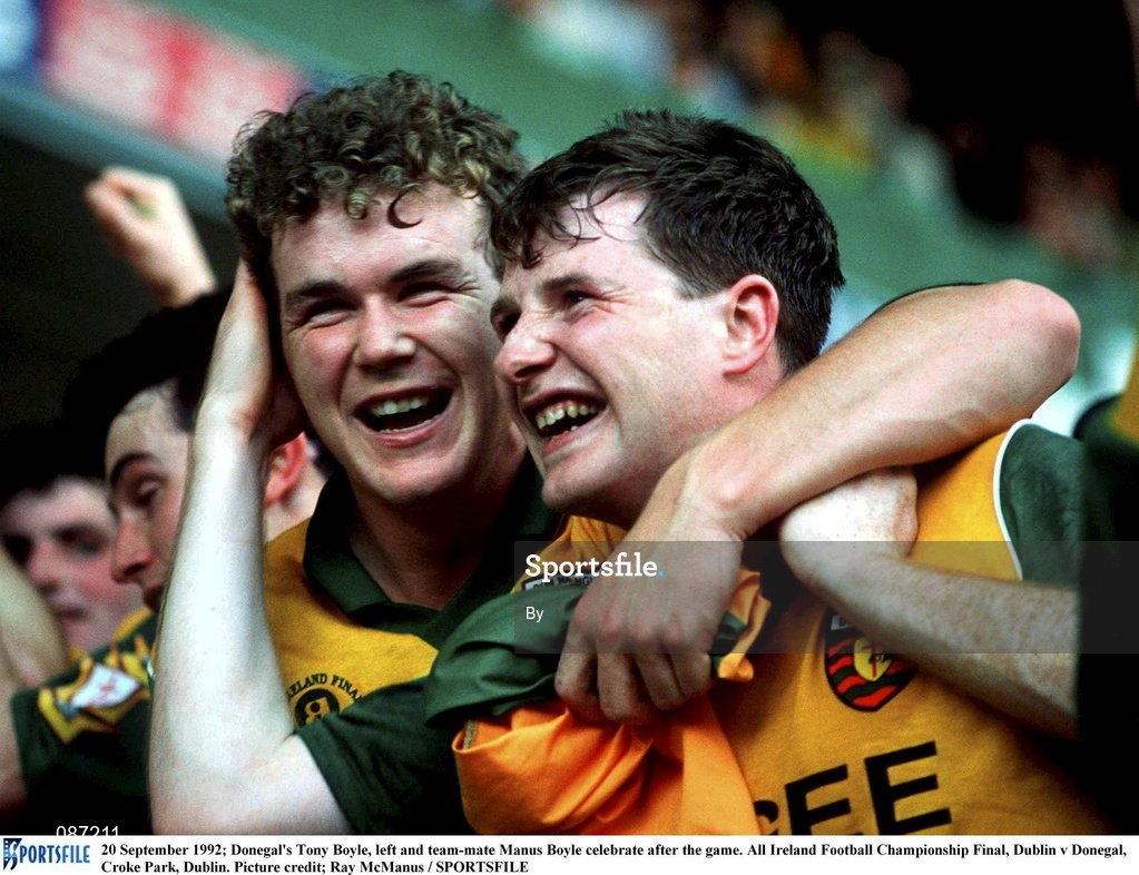 20 September 1992; Donegal's Tony Boyle, left and team-mate Manus Boyle celebrate after the game. All Ireland Football Championship Final, Dublin v Donegal, Croke Park, Dublin. Picture credit; Ray McManus / SPORTSFILE