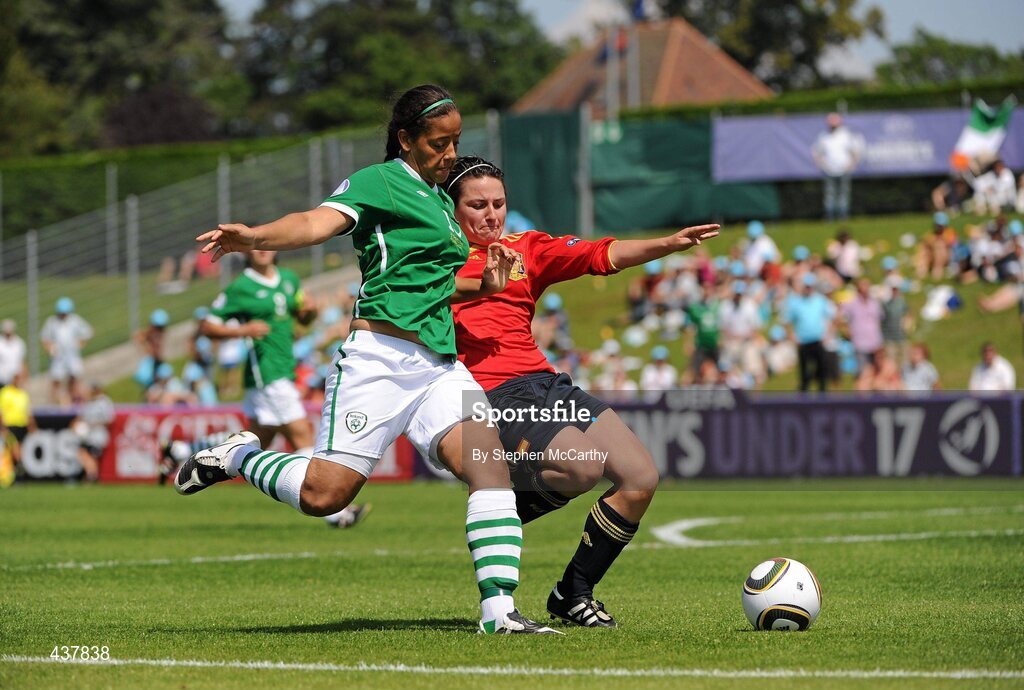 26 June 2010; Rianna Jarrett, Republic of Ireland, in action against Ivana Andres, Spain. UEFA Women's Under 17 Championship Final, Spain v Republic of Ireland, Colovray Sports Centre, Nyon, Switzerland. Picture credit: Stephen McCarthy / SPORTSFILE