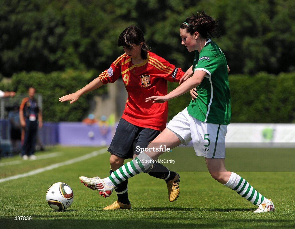 26 June 2010; Paloma Lazaro, Spain, in action against Jennifer Byrne, Republic of Ireland. UEFA Women's Under 17 Championship Final, Spain v Republic of Ireland, Colovray Sports Centre, Nyon, Switzerland. Picture credit: Stephen McCarthy / SPORTSFILE