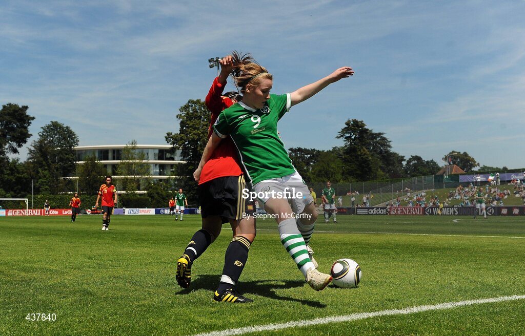 26 June 2010; Niamh McLaughlin, Republic of Ireland, in action against Laura Gutiérrez, Spain. UEFA Women's Under 17 Championship Final, Spain v Republic of Ireland, Colovray Sports Centre, Nyon, Switzerland. Picture credit: Stephen McCarthy / SPORTSFILE