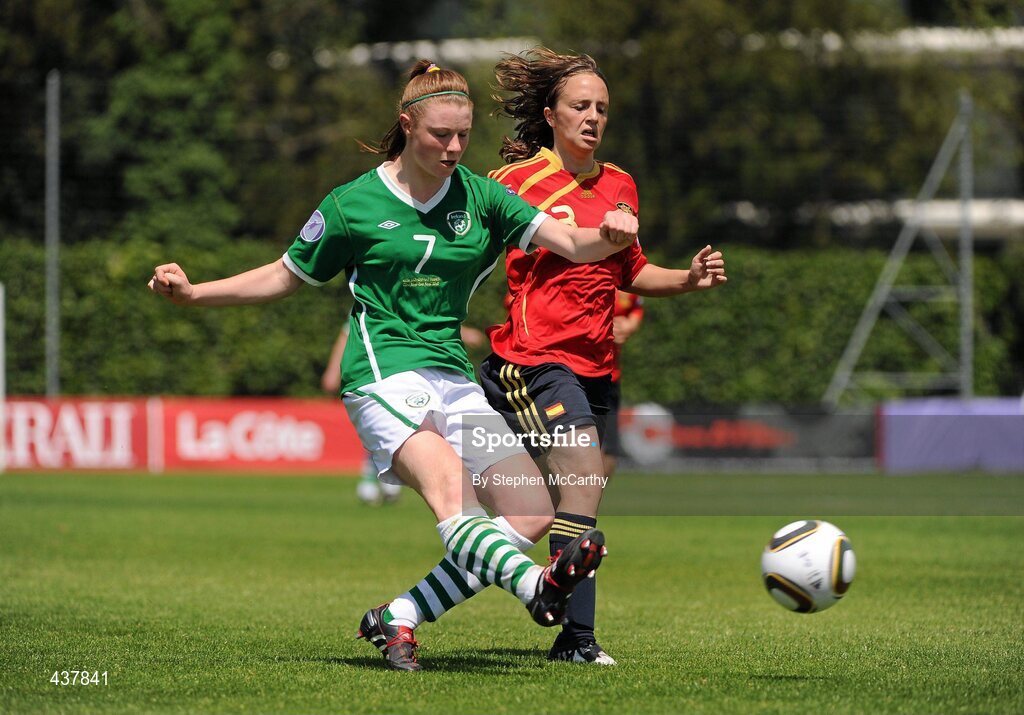 26 June 2010; Aileen Gilroy, Republic of Ireland, in action against Ana Maria Catala, Spain. UEFA Women's Under 17 Championship Final, Spain v Republic of Ireland, Colovray Sports Centre, Nyon, Switzerland. Picture credit: Stephen McCarthy / SPORTSFILE