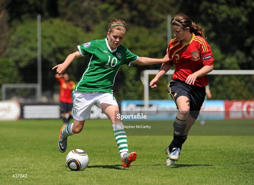 26 June 2010; Denise O'Sullivan, Republic of Ireland, in action against Ana Sáenz de Pipaon, Spain. UEFA Women's Under 17 Championship Final, Spain v Republic of Ireland, Colovray Sports Centre, Nyon, Switzerland. Picture credit: Stephen McCarthy / SPORTSFILE