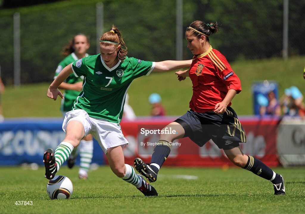 26 June 2010; Aileen Gilroy, Republic of Ireland, in action against Ivana Andrés, Spain. UEFA Women's Under 17 Championship Final, Spain v Republic of Ireland, Colovray Sports Centre, Nyon, Switzerland. Picture credit: Stephen McCarthy / SPORTSFILE