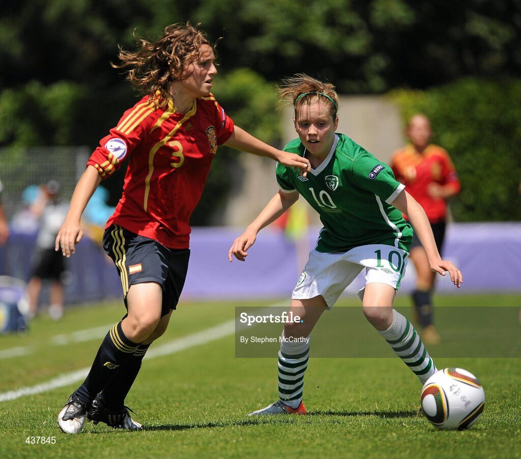 26 June 2010; Ana Maria Catala, Spain, in action against Denise O'Sullivan, Republic of Ireland. UEFA Women's Under 17 Championship Final, Spain v Republic of Ireland, Colovray Sports Centre, Nyon, Switzerland. Picture credit: Stephen McCarthy / SPORTSFILE